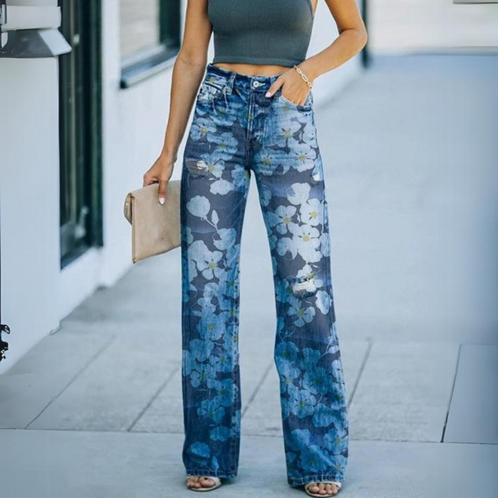 Jeans vintage amb cames amples i estampat floral