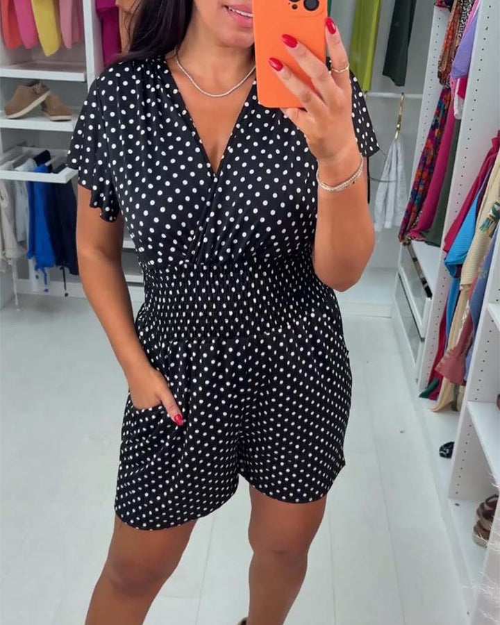 Jumpsuit casual de màniga curta amb estampat de punts i escot en V