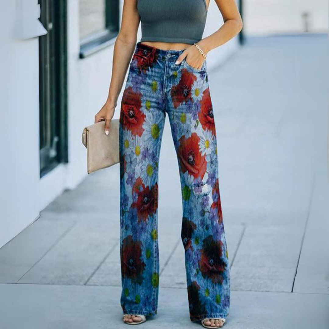 Jeans vintage amb cames amples i estampat floral