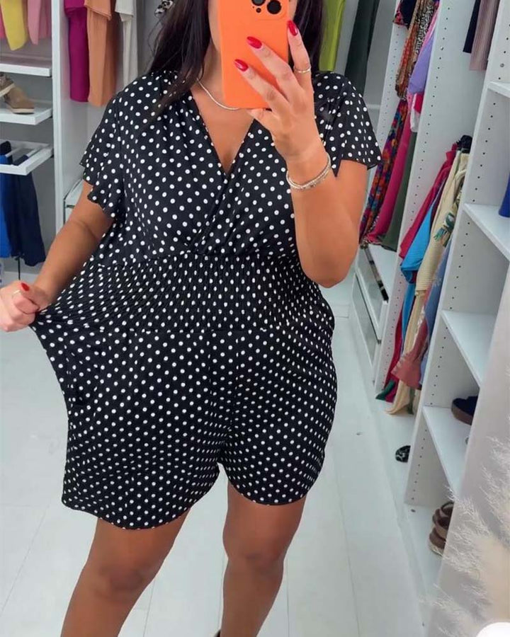 Jumpsuit casual de màniga curta amb estampat de punts i escot en V