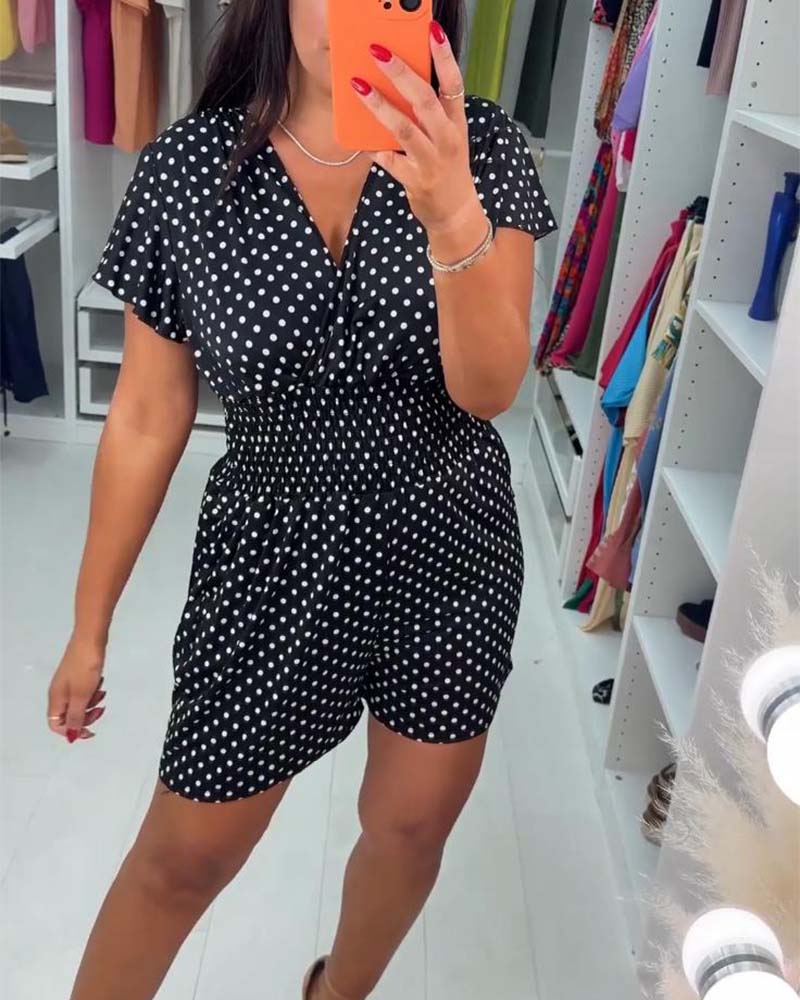 Jumpsuit casual de màniga curta amb estampat de punts i escot en V