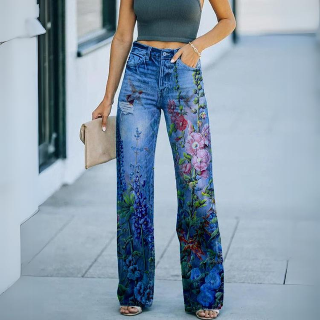 Jeans vintage amb cames amples i estampat floral