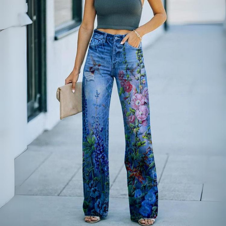 Jeans vintage amb cames amples i estampat floral