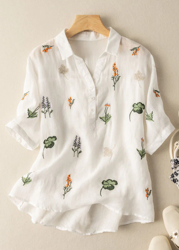 Camisa de lli amb coll Peter Pan i estampat de patchwork
