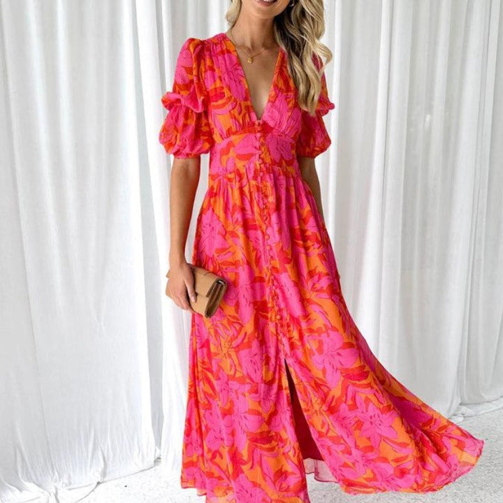 DARINA | Elegant vestit maxi fluid vermell i rosa