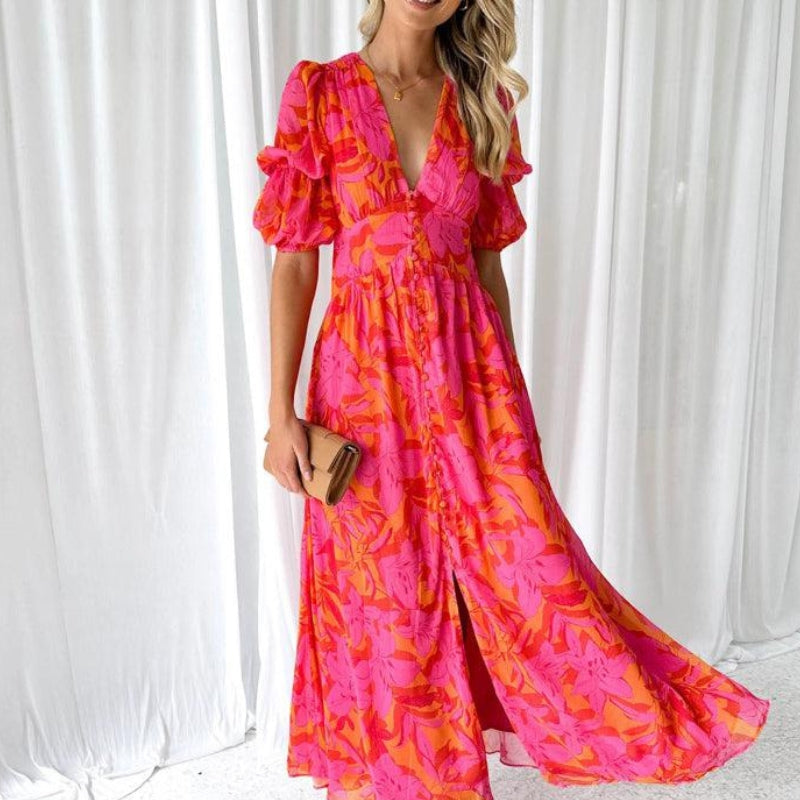 DARINA | Elegant vestit maxi fluid vermell i rosa