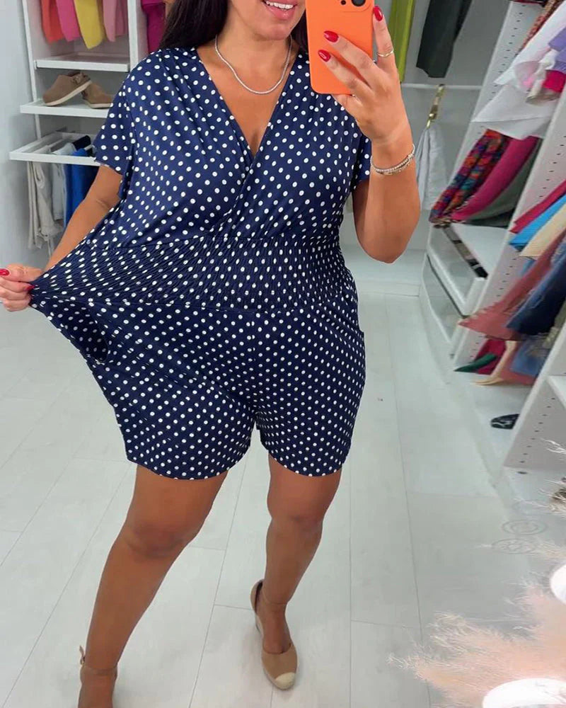 Jumpsuit casual de màniga curta amb estampat de punts i escot en V
