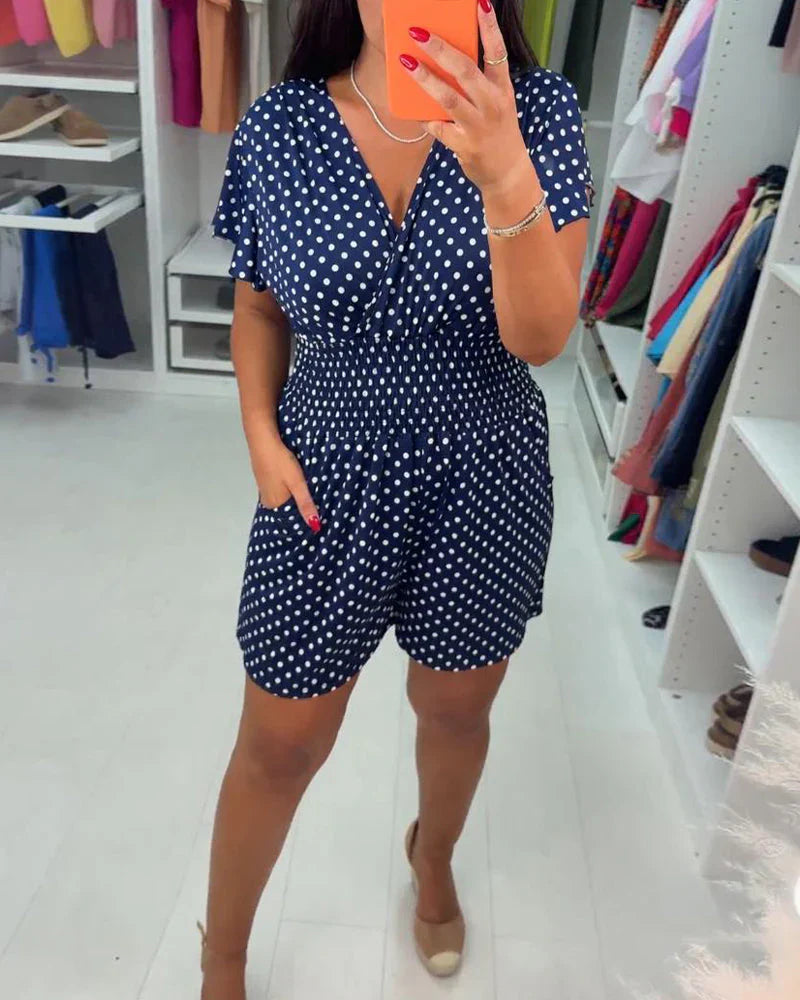Jumpsuit casual de màniga curta amb estampat de punts i escot en V