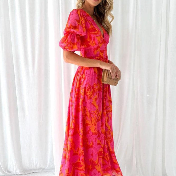 DARINA | Elegant vestit maxi fluid vermell i rosa