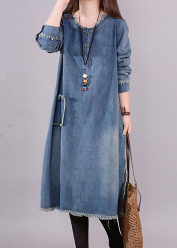 Vestit de Denim Blau Art amb Coll O, Butxaques i Botons per a la Tardor