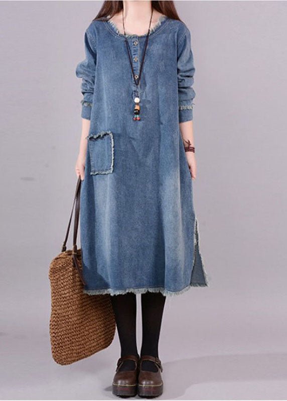 Vestit de Denim Blau Art amb Coll O, Butxaques i Botons per a la Tardor
