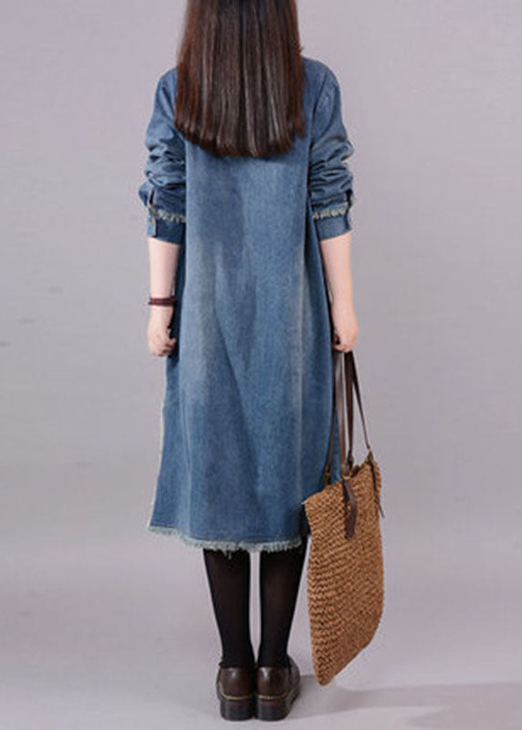 Vestit de Denim Blau Art amb Coll O, Butxaques i Botons per a la Tardor