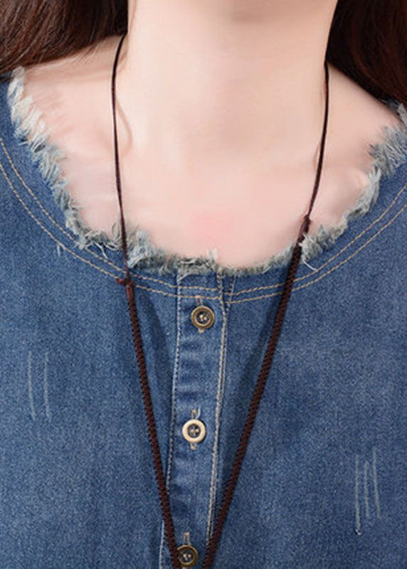 Vestit de Denim Blau Art amb Coll O, Butxaques i Botons per a la Tardor