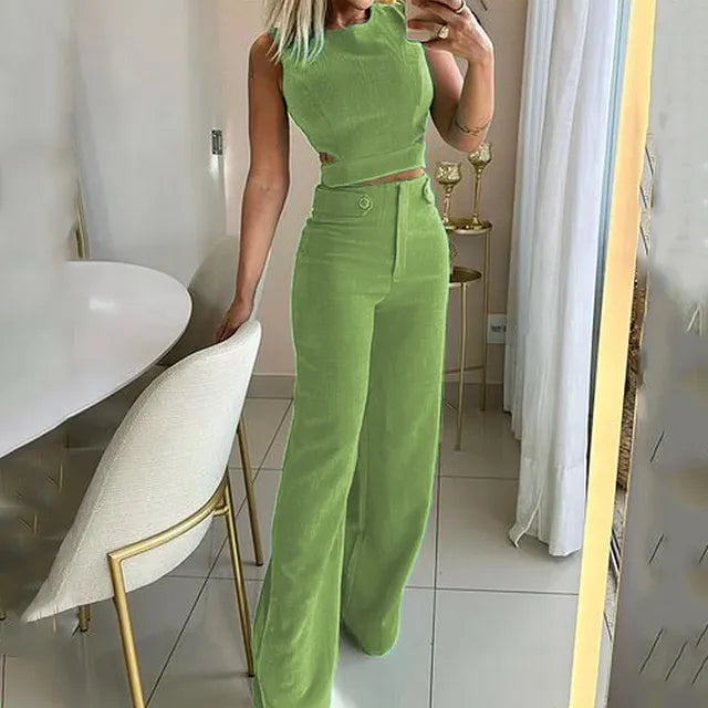 Jhara | Top curt elegant de cintura alta amb pantalons llargs