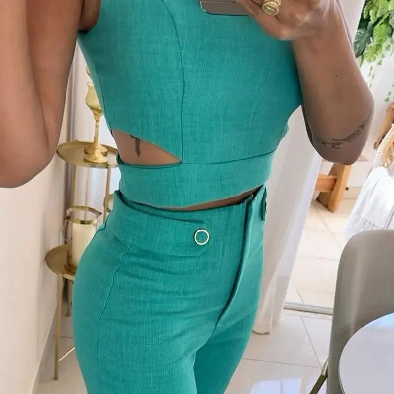 Jhara | Top curt elegant de cintura alta amb pantalons llargs