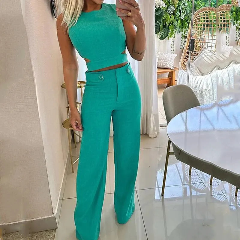 Jhara | Top curt elegant de cintura alta amb pantalons llargs