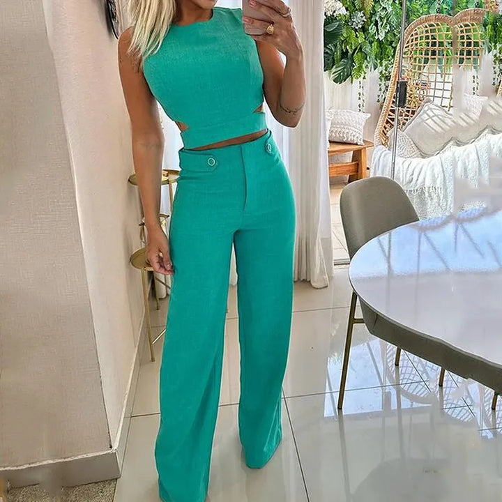 Jhara | Top curt elegant de cintura alta amb pantalons llargs